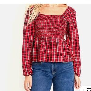 NWT Old Navy Tartan Red Plaid Smocked Long-Sleeve Top Square Neck XL